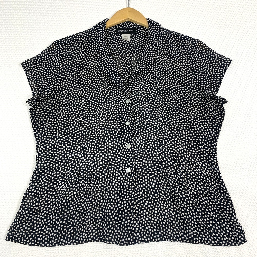 Jones New York Black White Polka Dot Blouse Women's 10 Button Up Cap Sleeve